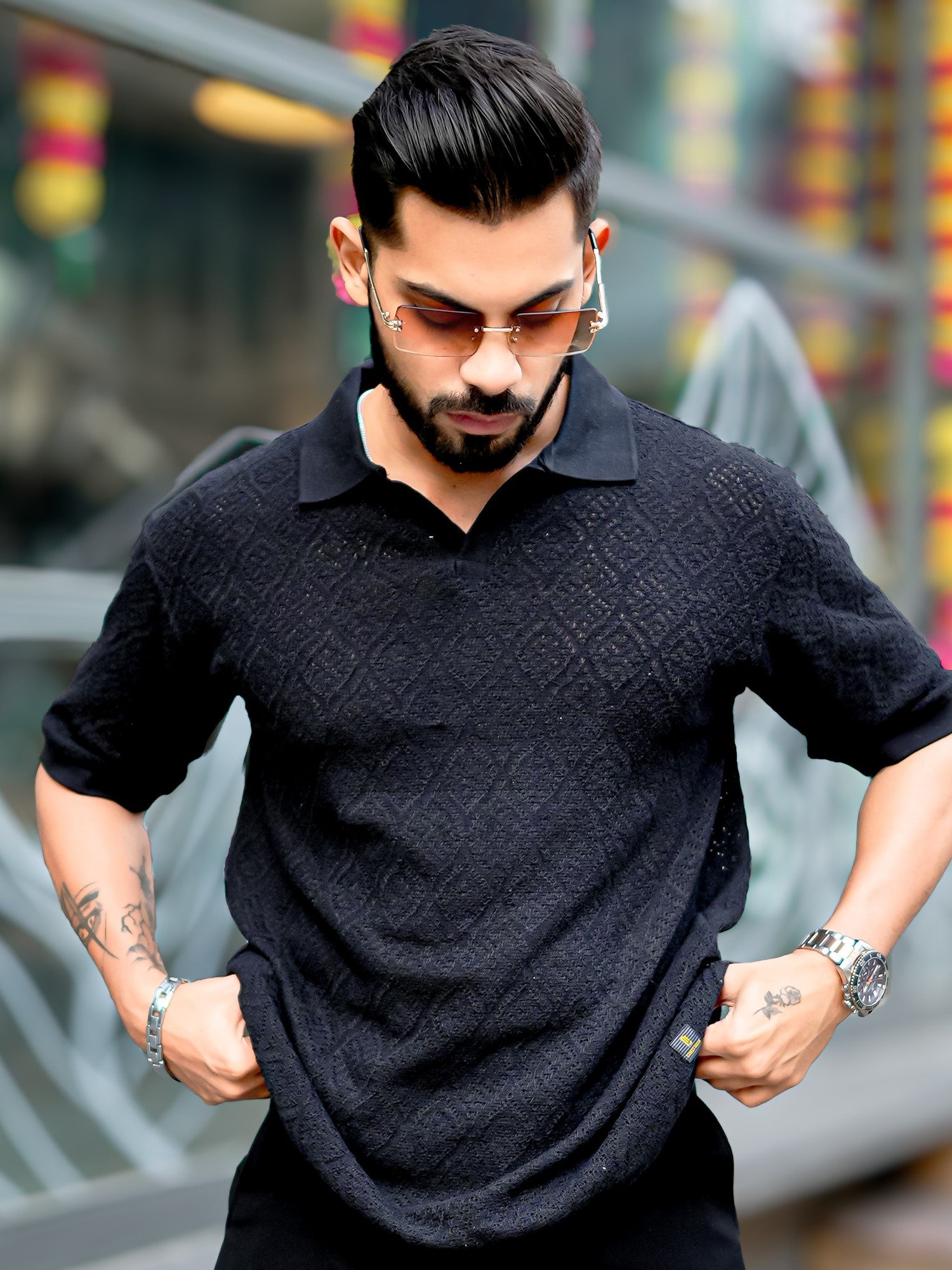 Croshia Knit Black Polo T-Shirt