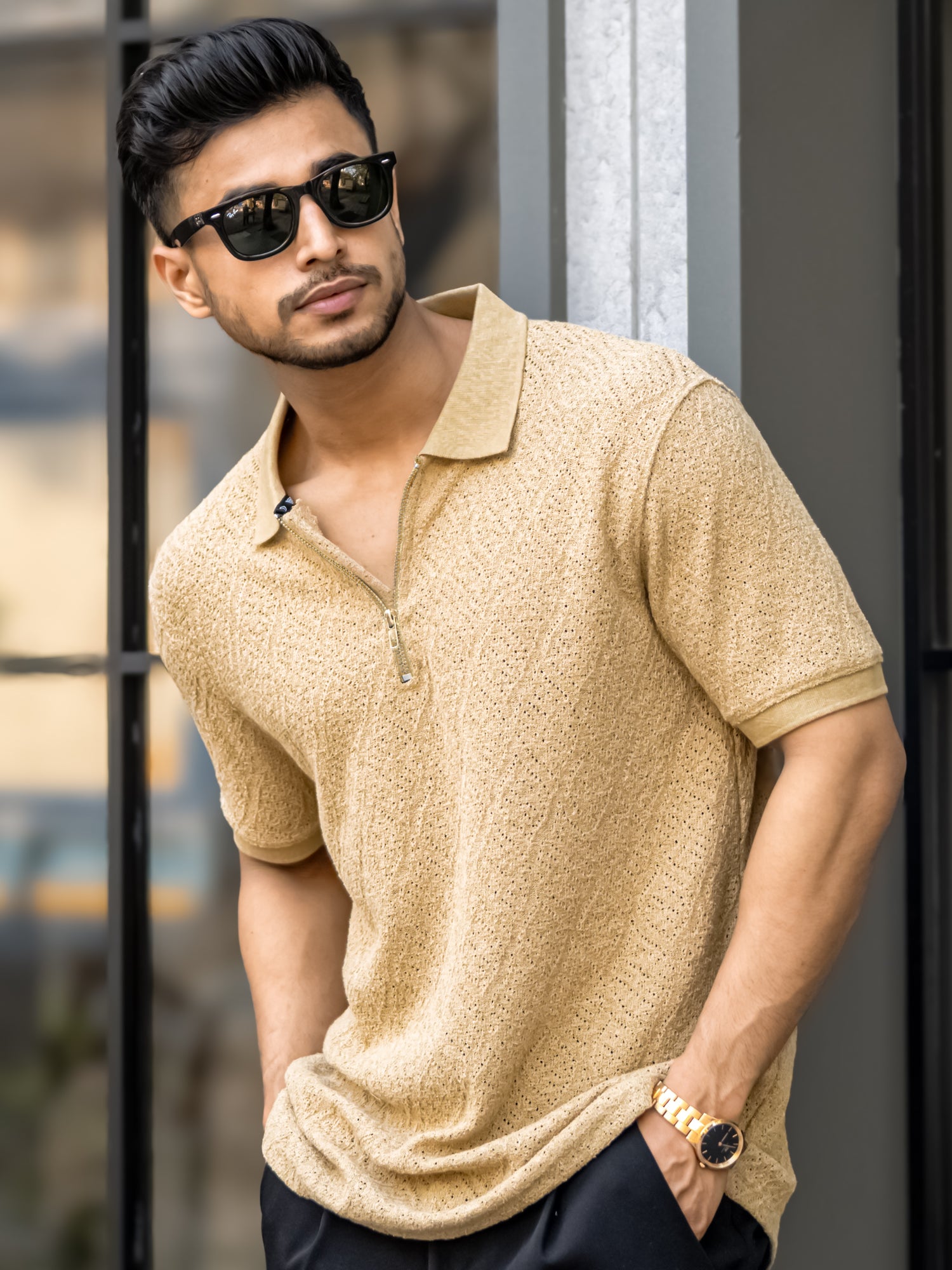 Croshia knit Beige Half Zip Polo T-Shirt