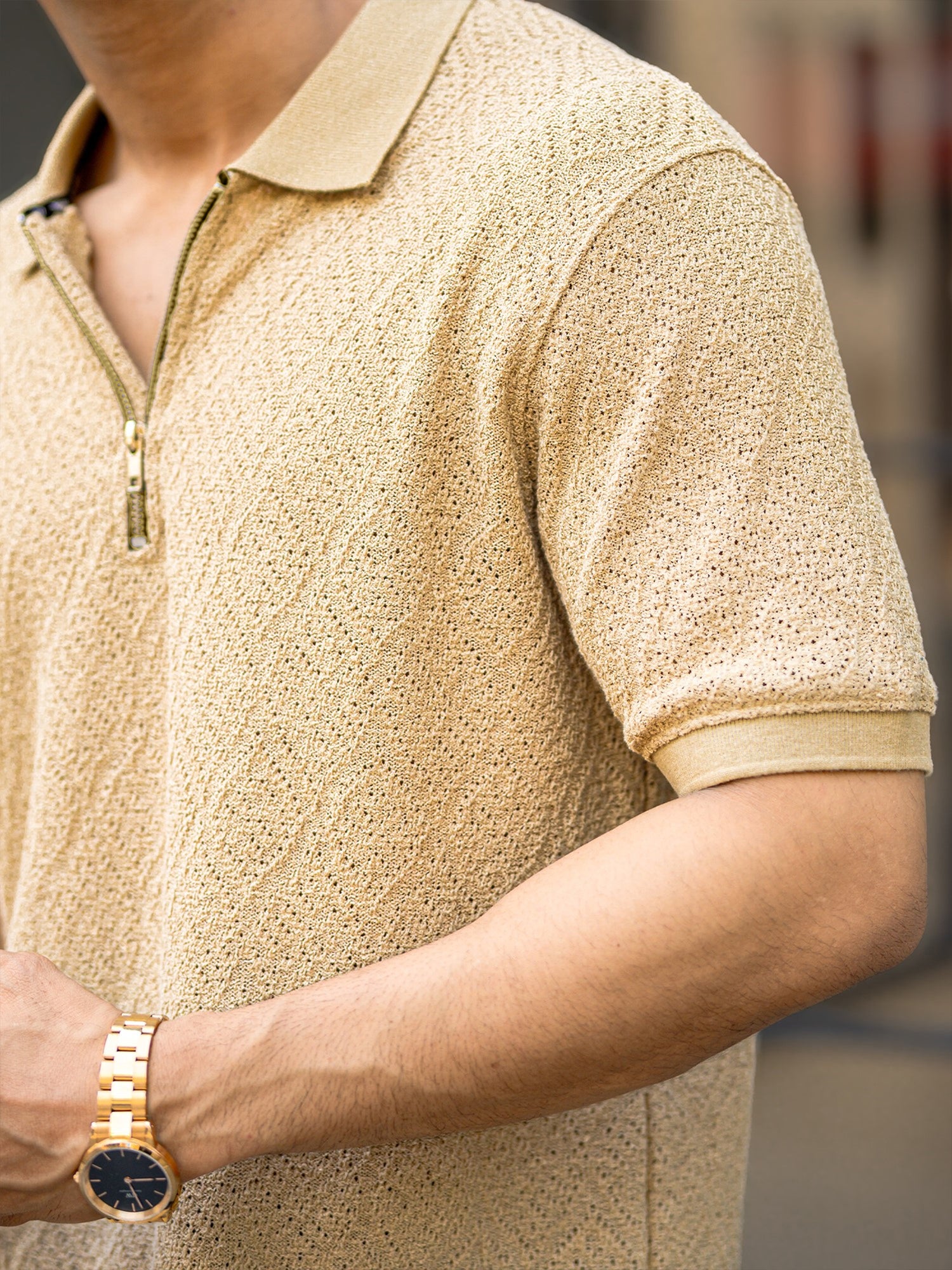 Croshia knit Beige Half Zip Polo T-Shirt