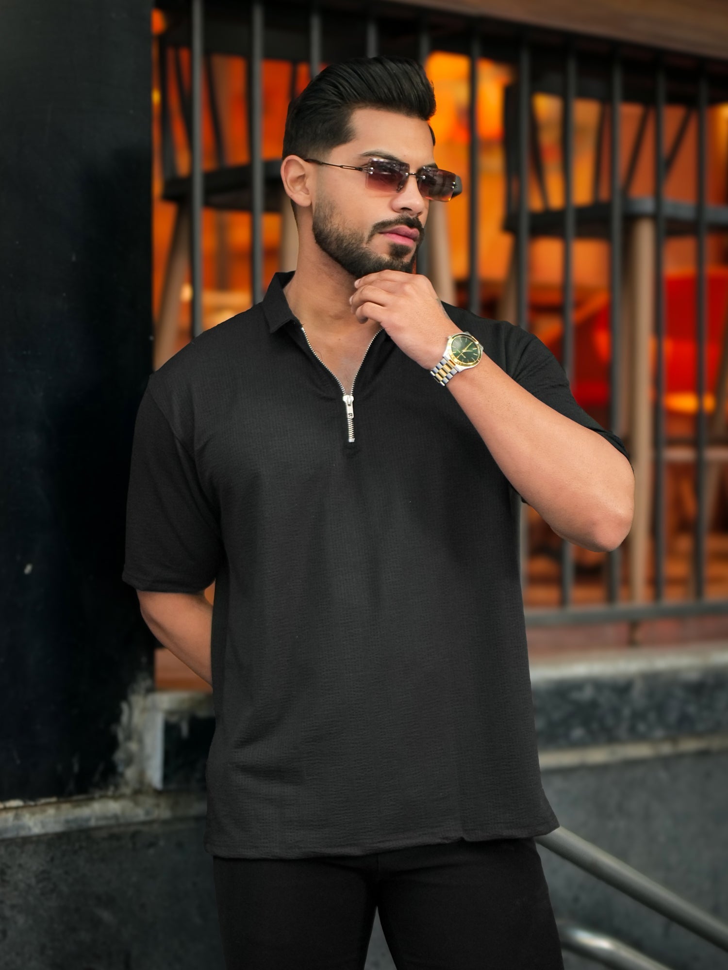 Seersucker Black Polo T-Shirt