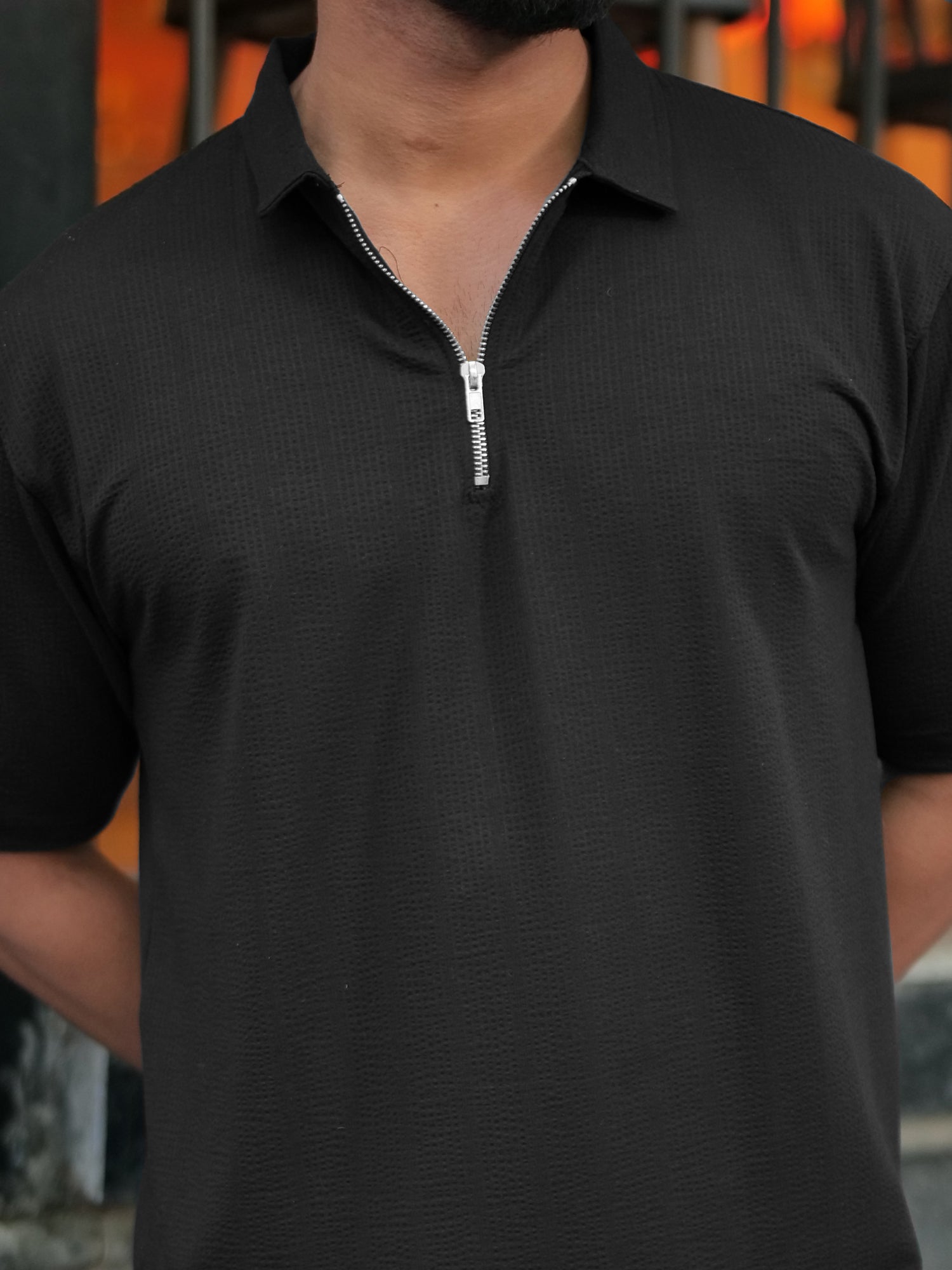 Seersucker Black Polo T-Shirt