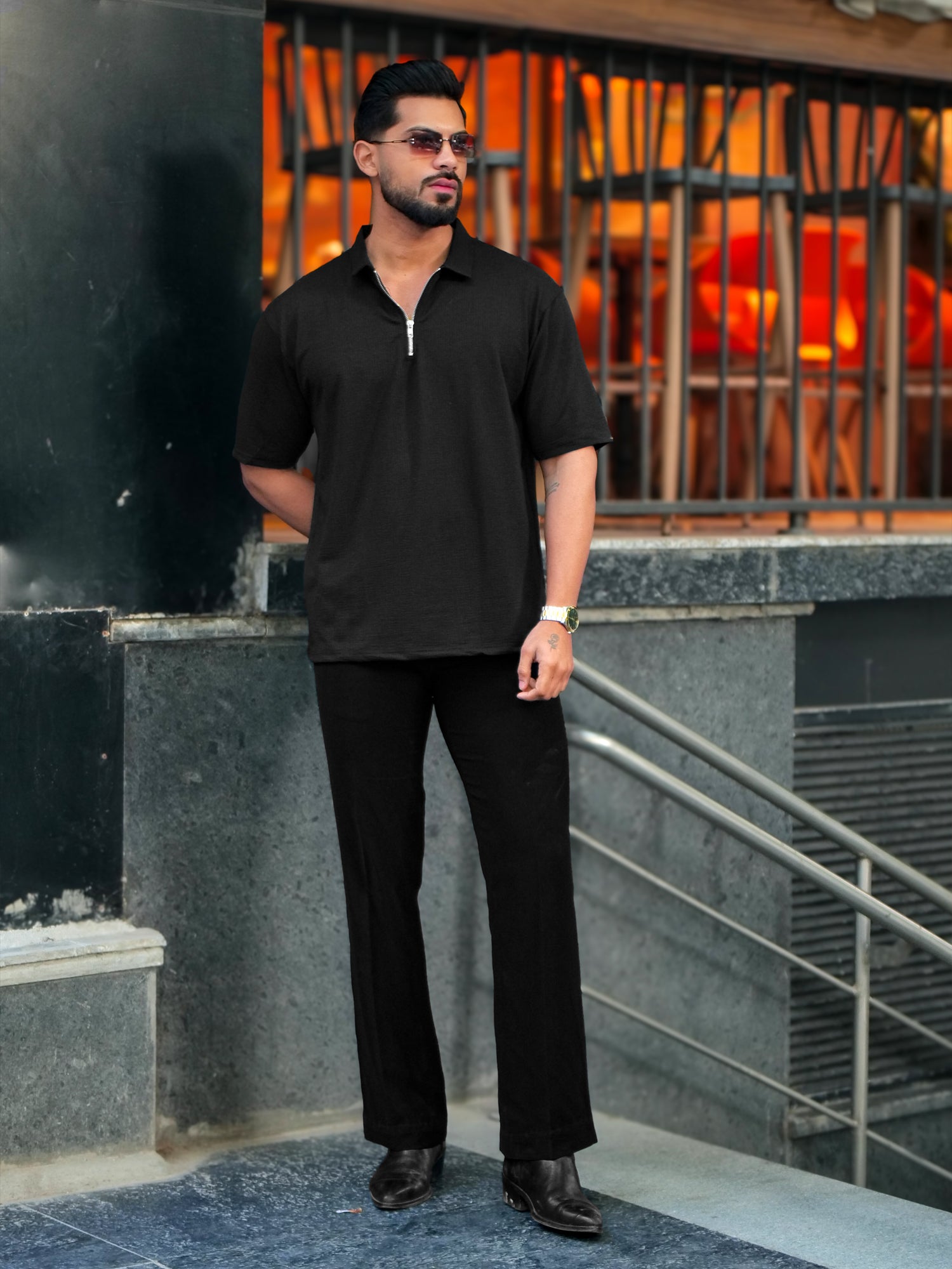 Seersucker Black Polo T-Shirt