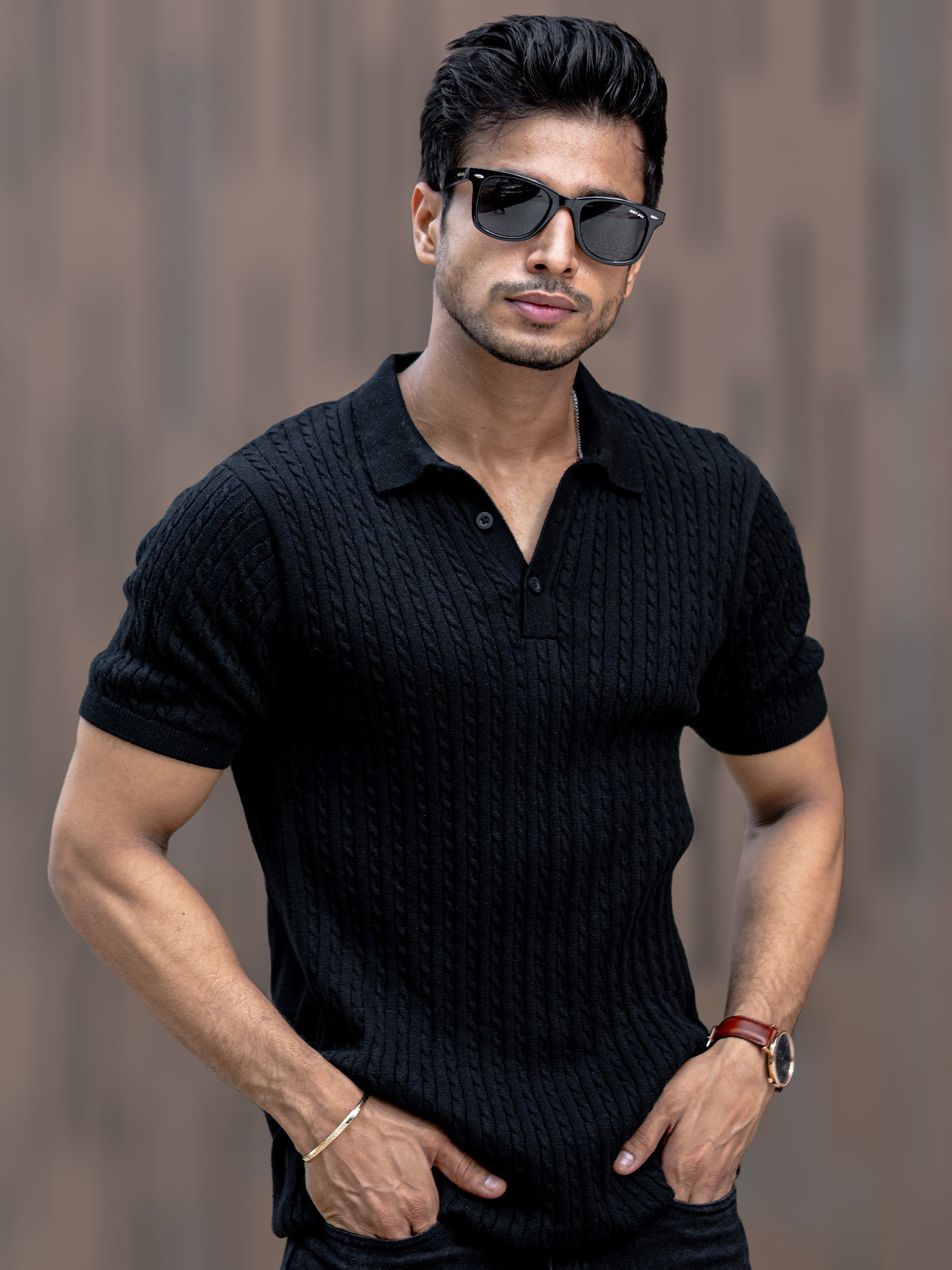 Ribbed Knit Black Polo T-Shirt