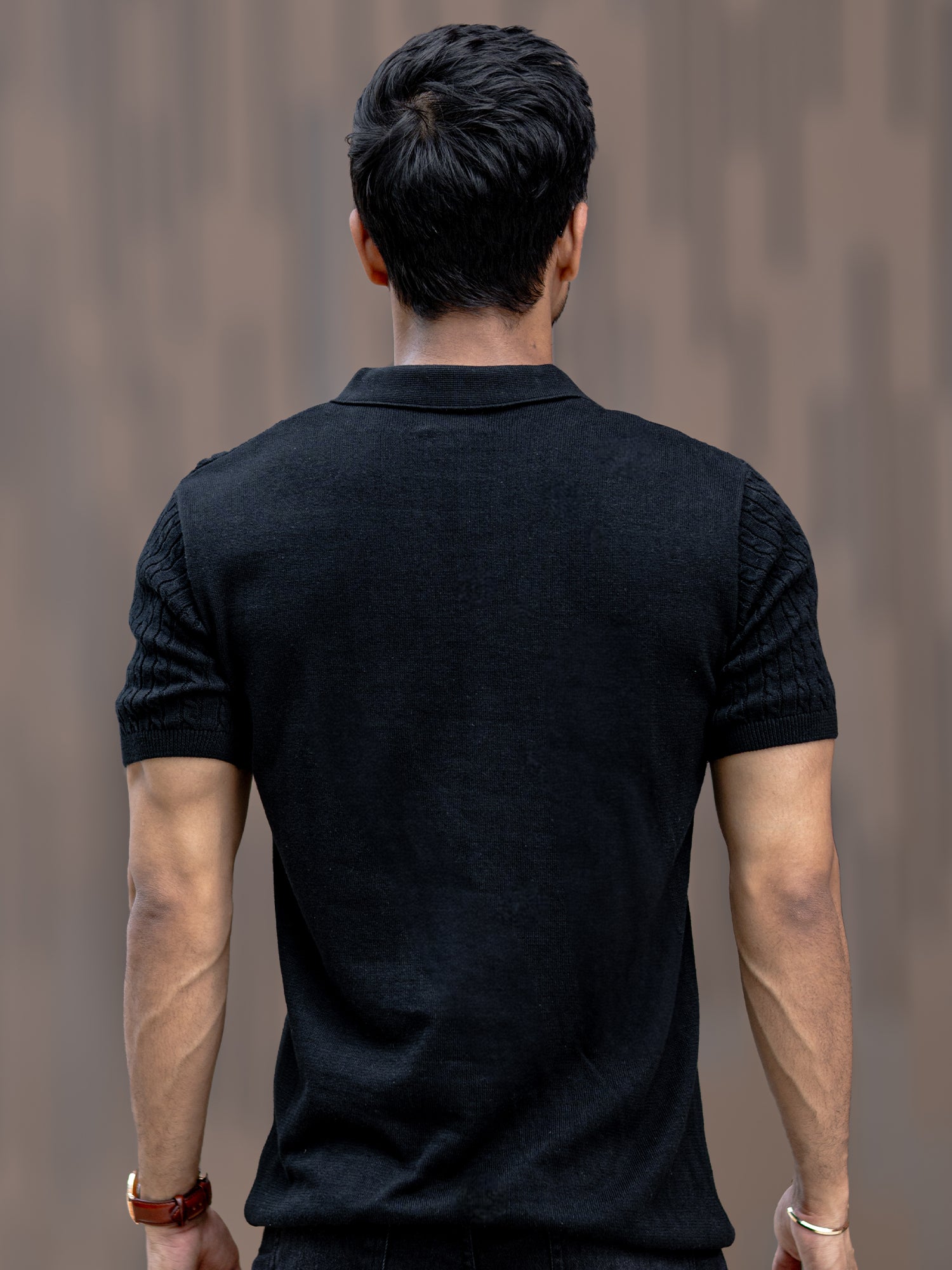 Ribbed Knit Black Polo T-Shirt