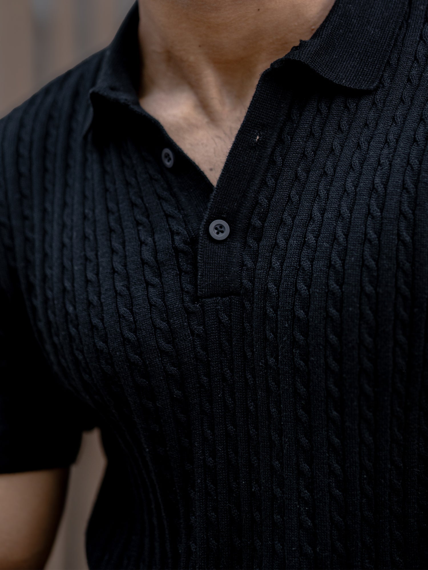 Ribbed Knit Black Polo T-Shirt