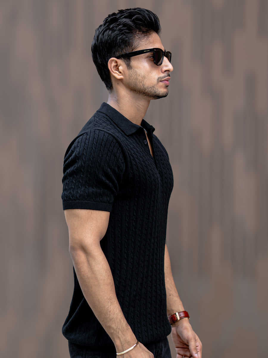 Black half sleeve ribbed knit polo t-shirt for men - view 6