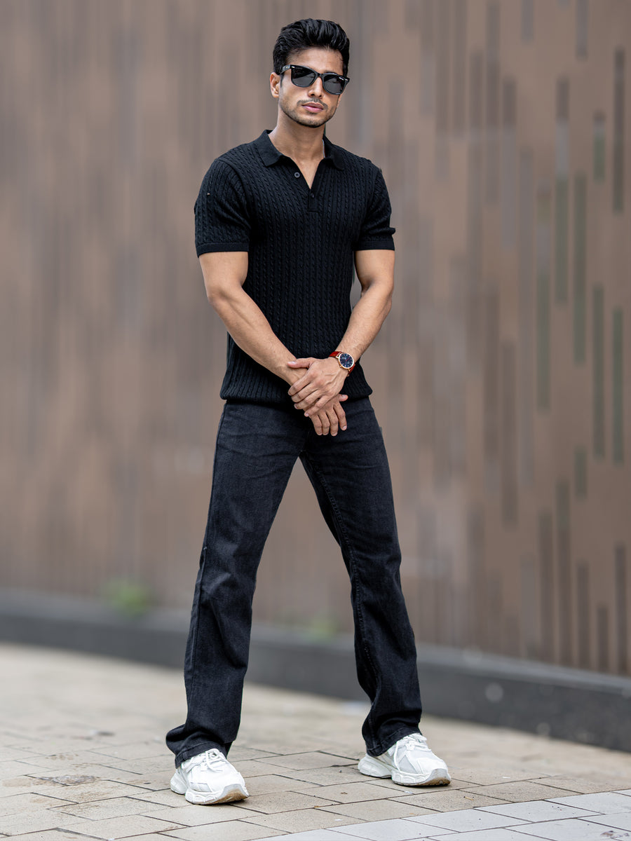 Black half sleeve ribbed knit polo t-shirt for men - view 8