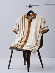 Stripe FlatKnit Beige Half Sleeve Polo T-Shirt