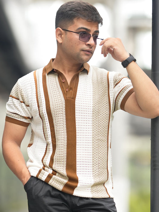 Stripe FlatKnit Beige Half Sleeve Polo T-Shirt