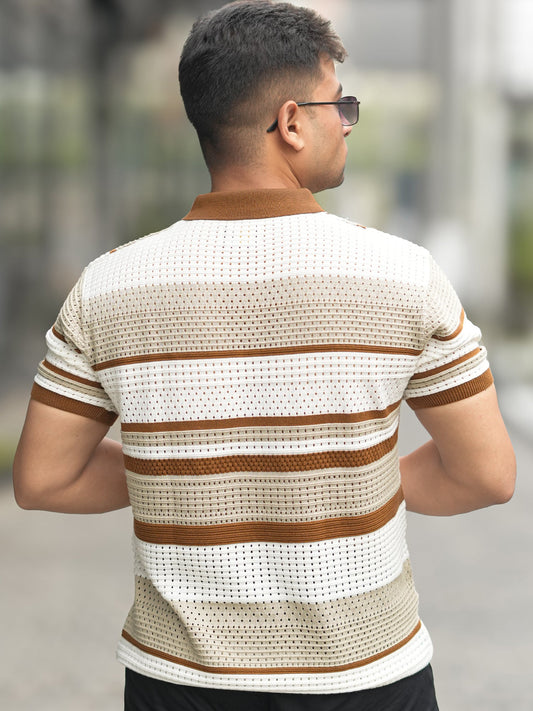 Stripe FlatKnit Beige Half Sleeve Polo T-Shirt