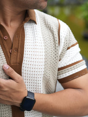 Stripe FlatKnit Beige Half Sleeve Polo T-Shirt