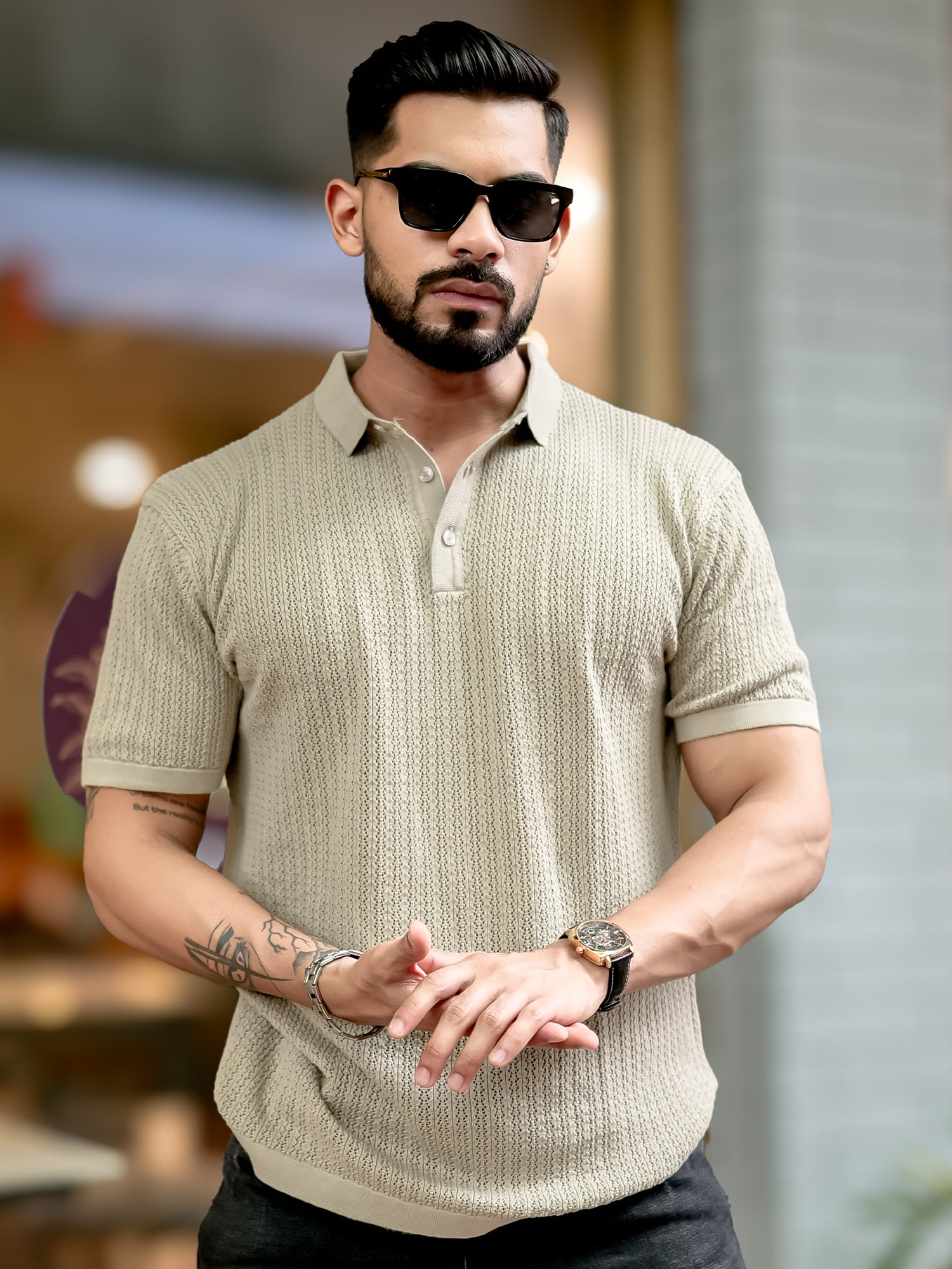 Classic Rib Knit Beige Polo T-Shirt