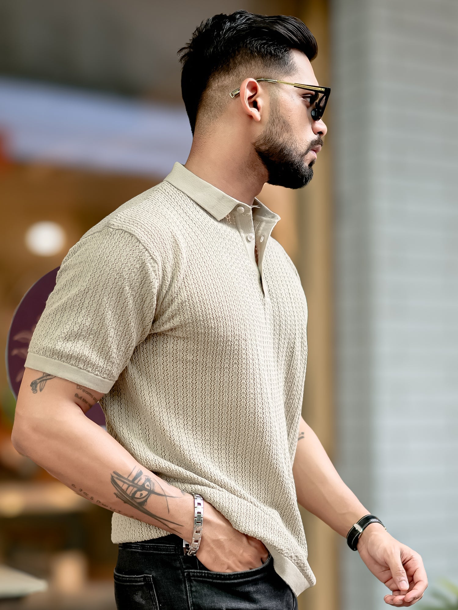 Classic Rib Knit Beige Polo T-Shirt