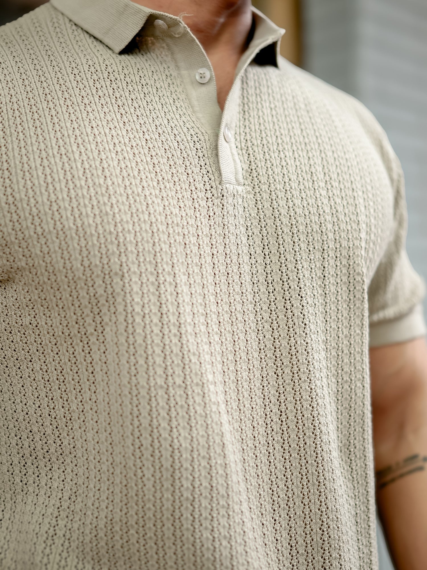 Classic Rib Knit Beige Polo T-Shirt