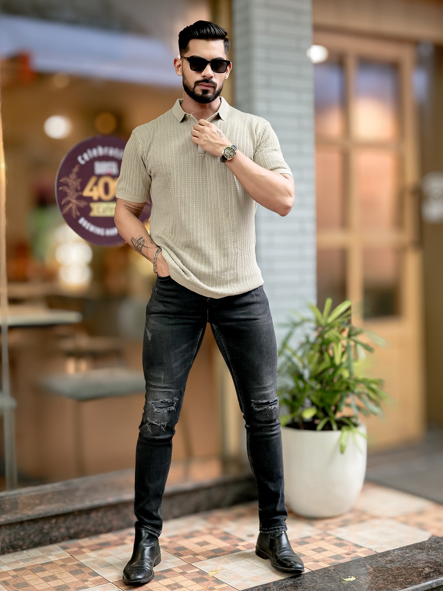 Classic Rib Knit Beige Polo T-Shirt