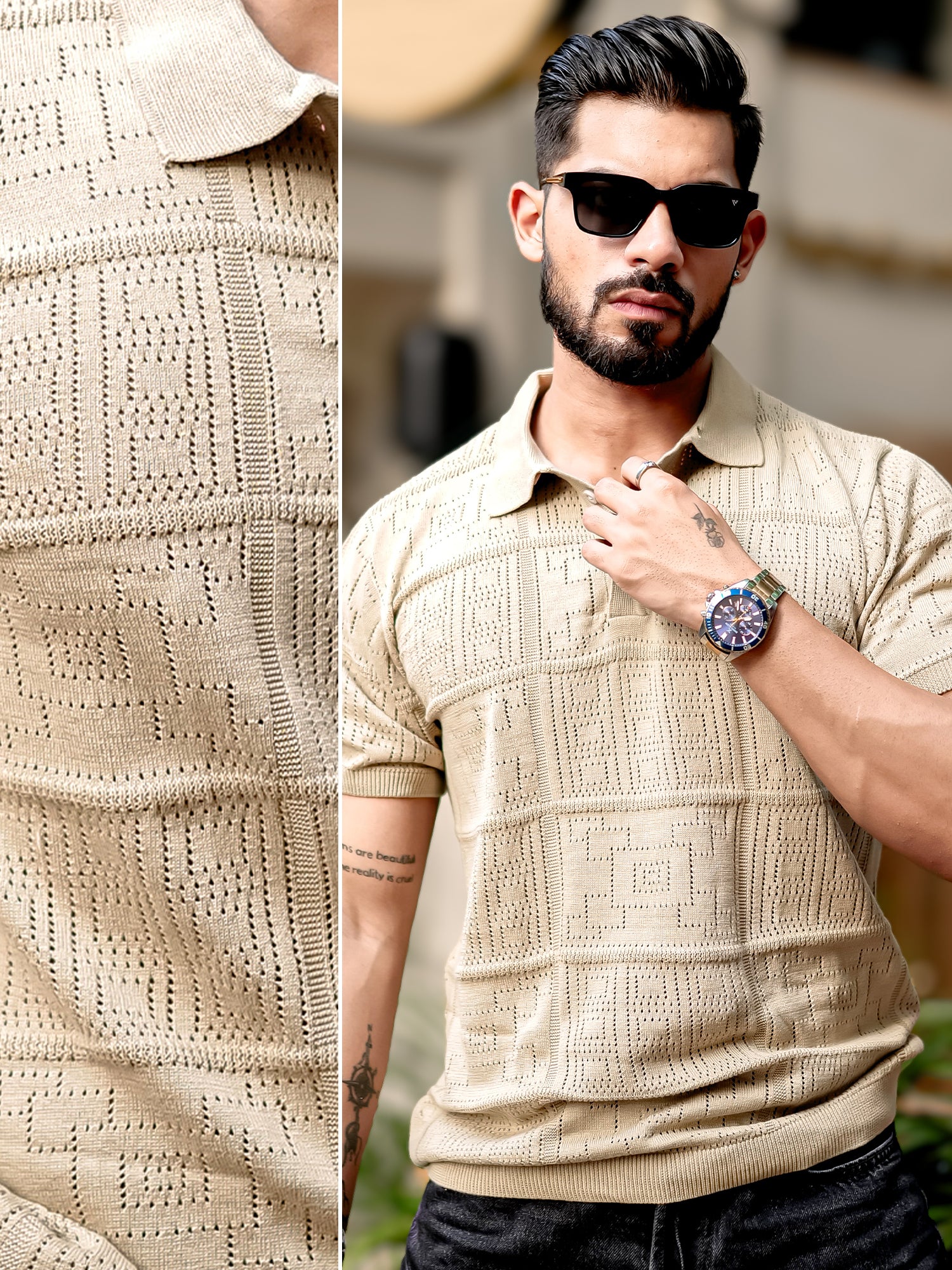 Pointel FlatKnit Cotton Beige Polo T-Shirt