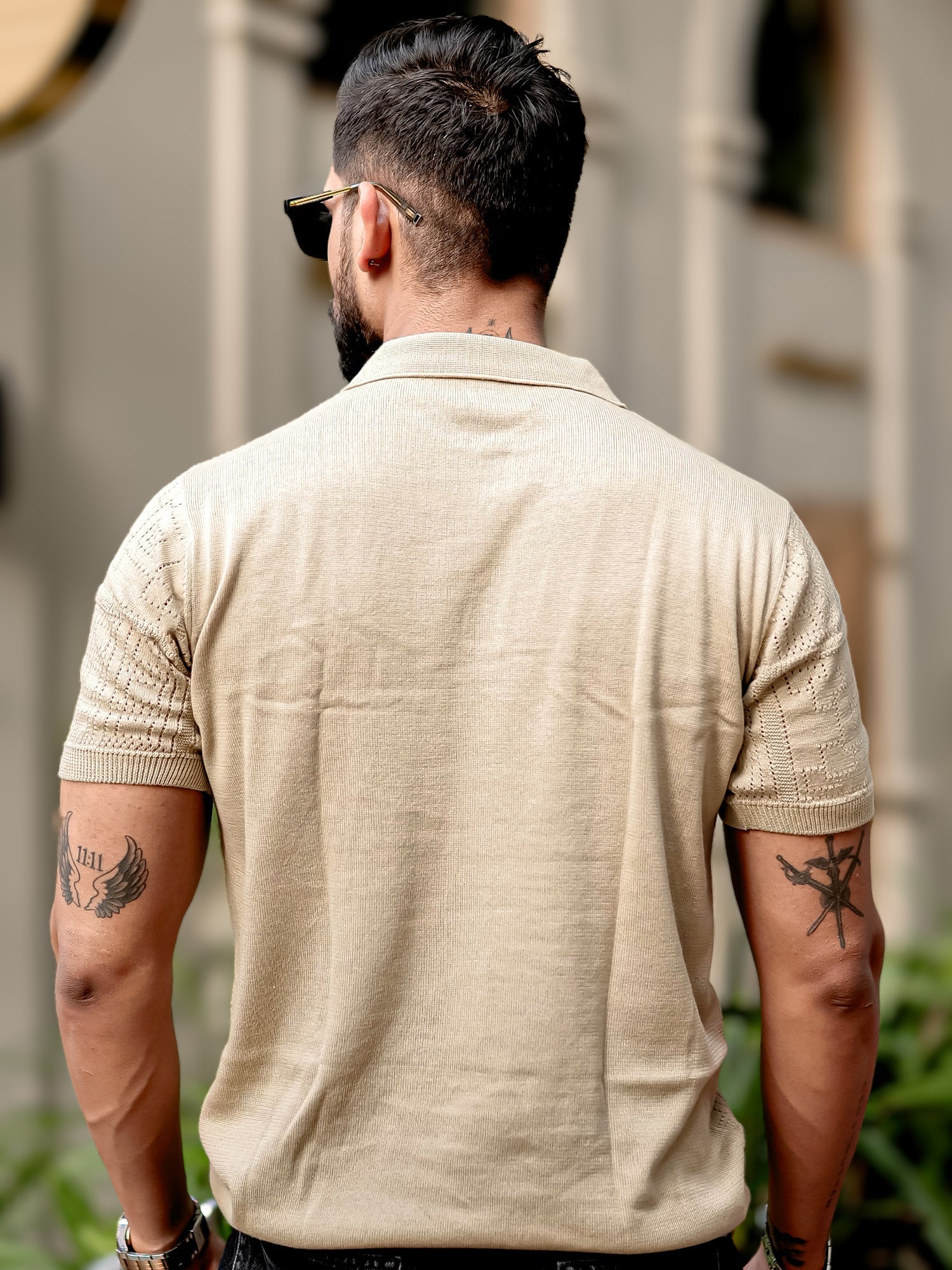 Pointel FlatKnit Cotton Beige Polo T-Shirt