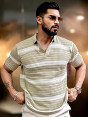 Sheer FlatKnit Cotton Beige Half Sleeve Polo T-Shirt