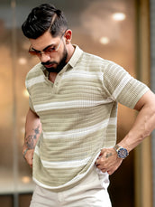Sheer FlatKnit Cotton Beige Half Sleeve Polo T-Shirt