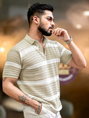 Sheer FlatKnit Cotton Beige Half Sleeve Polo T-Shirt