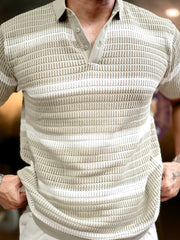 Sheer FlatKnit Cotton Beige Half Sleeve Polo T-Shirt