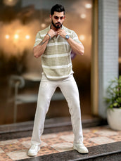 Sheer FlatKnit Cotton Beige Half Sleeve Polo T-Shirt