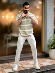 Sheer FlatKnit Cotton Beige Half Sleeve Polo T-Shirt