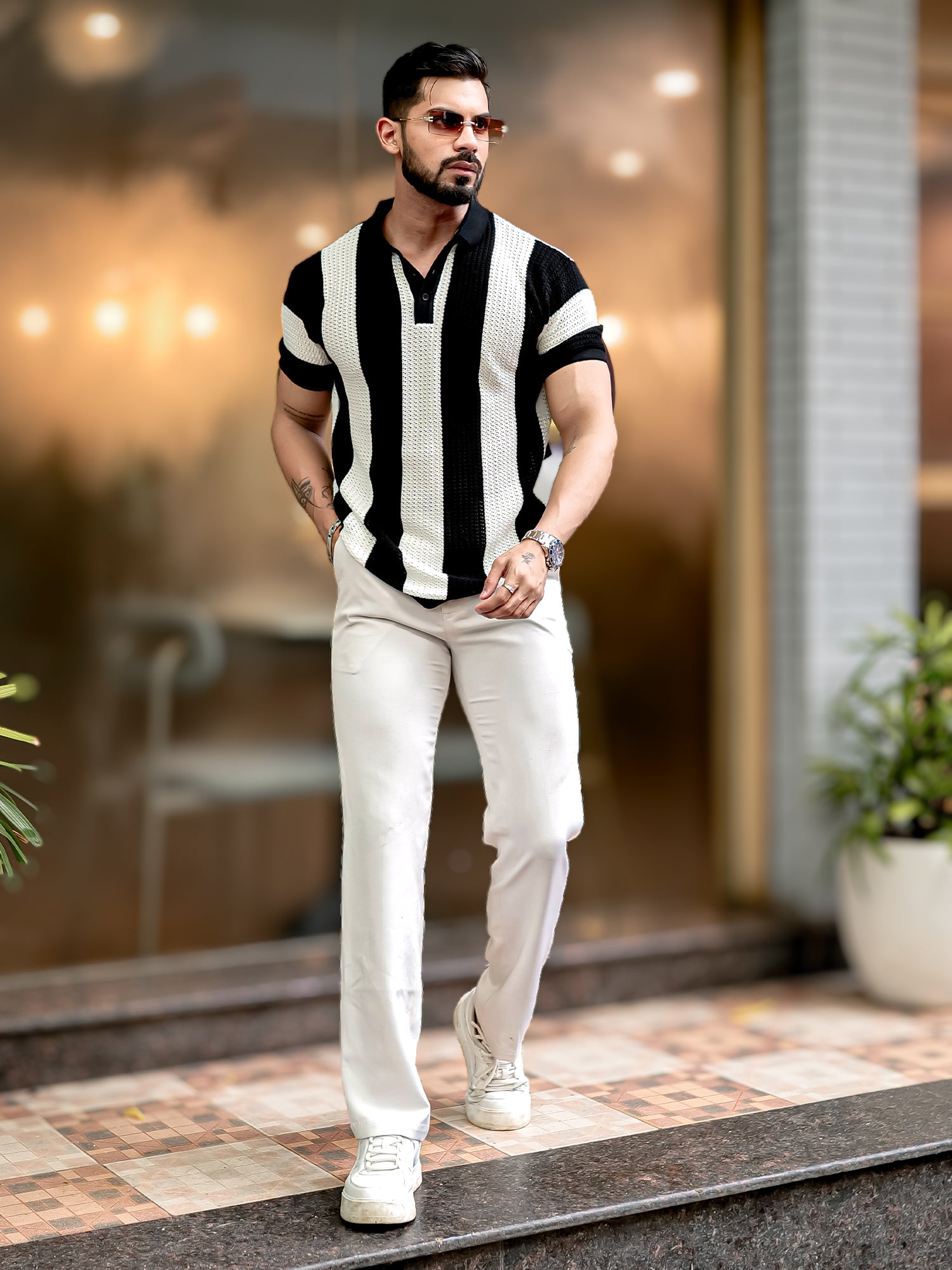 Vertical Stripe FlatKnit Cotton Black Polo T-Shirt