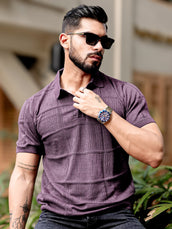 Lavender Pointelle Knit Polo T-Shirt for Men
