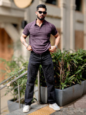Lavender Pointelle Knit Polo T-Shirt for Men