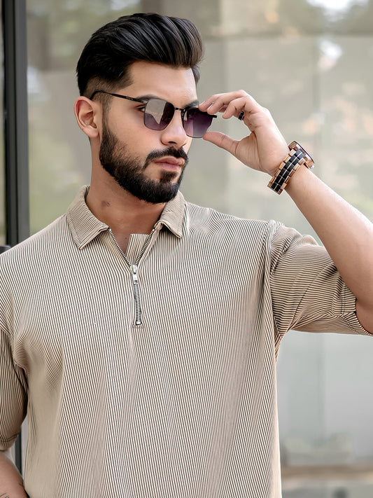 Stripe Textured Beige Half Sleeve Polo T-Shirt