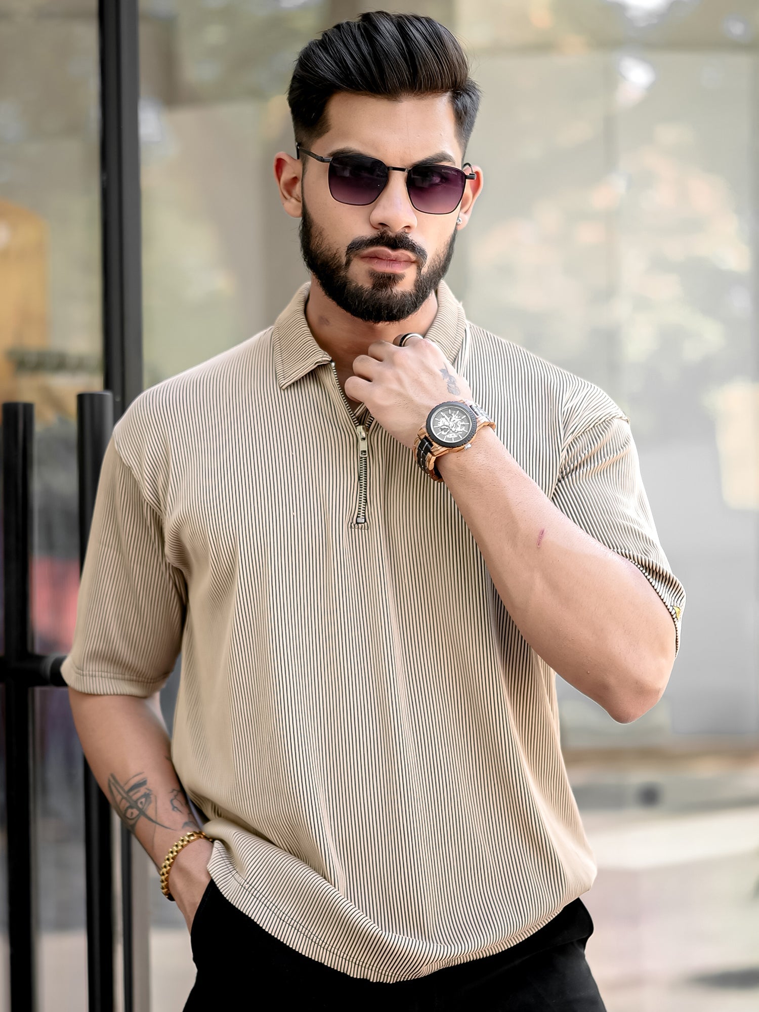 Stripe Textured Beige Polo T-Shirt