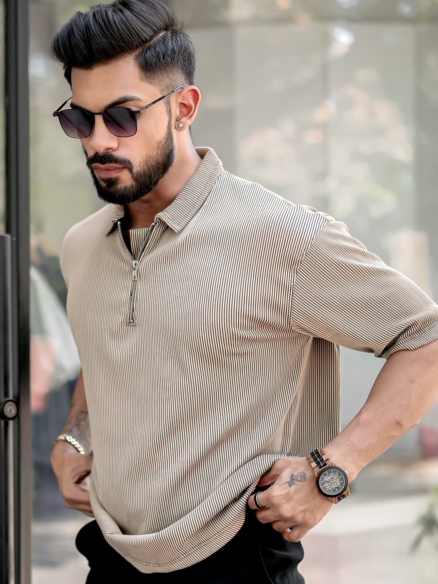 Stripe Textured Beige Polo T-Shirt