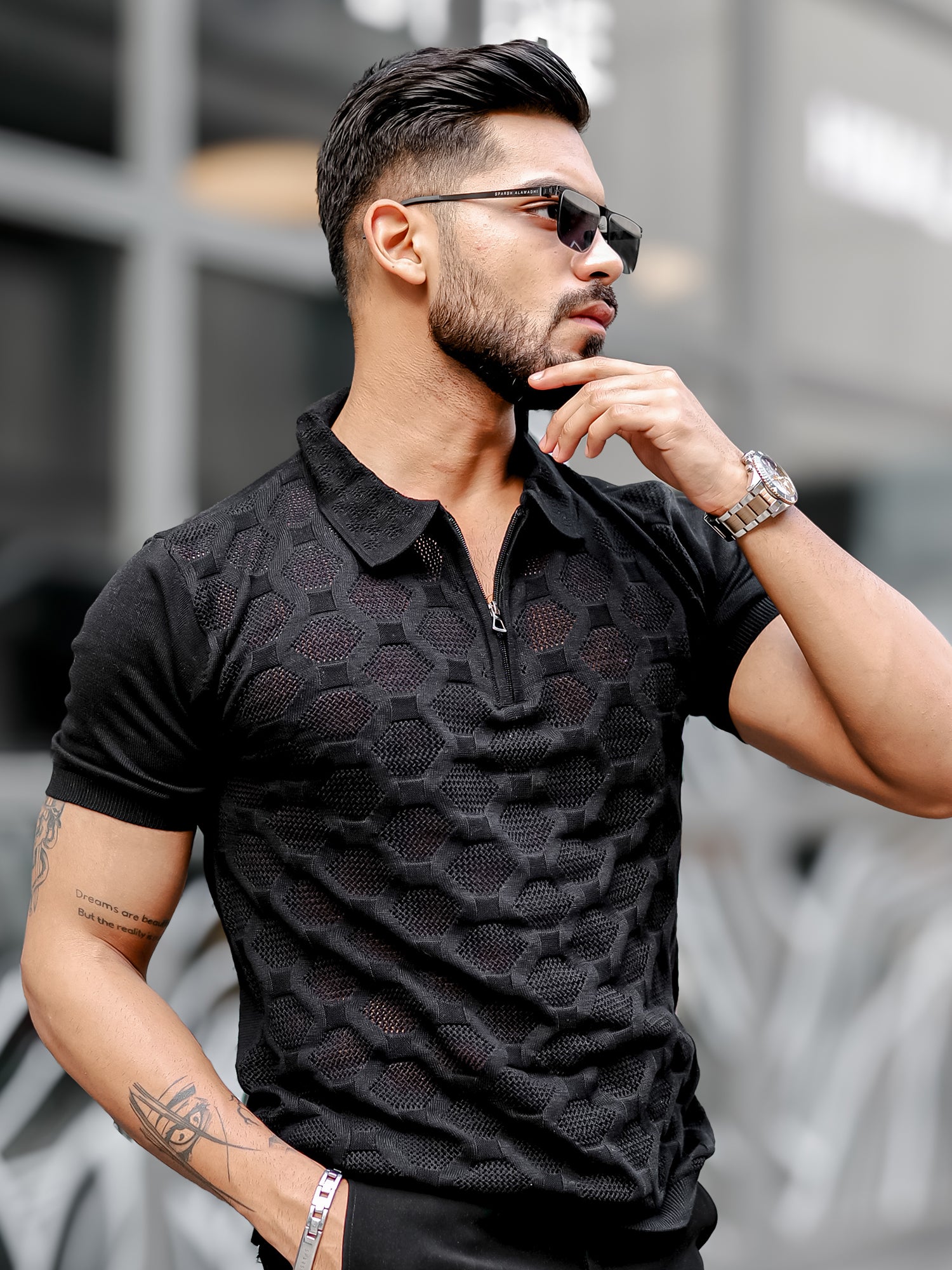 Diamond Knit Black Slim Polo T-Shirt