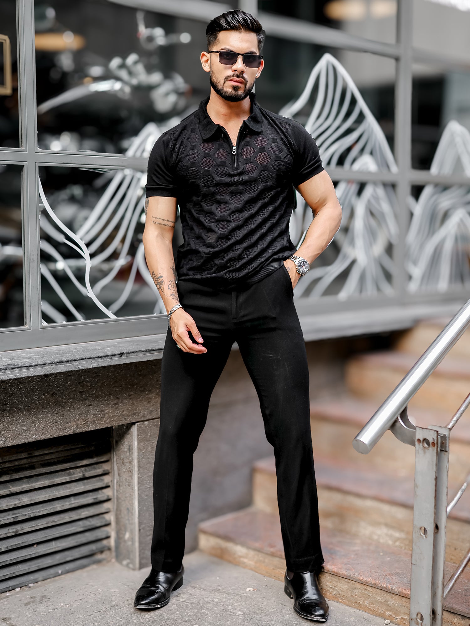 Diamond Knit Black Slim Polo T-Shirt