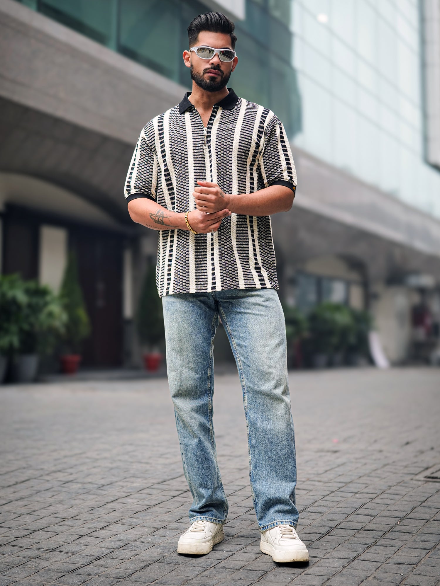 Crossweave Black Stripe Polo T-Shirt