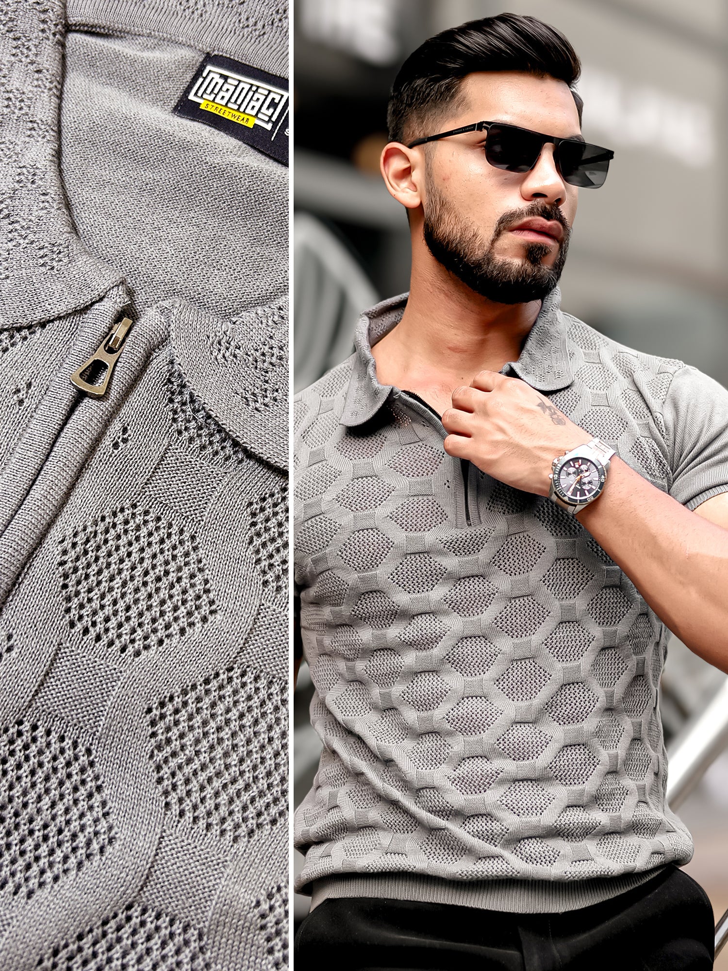 Diamond Knit Dark Grey Slim Polo T-Shirt