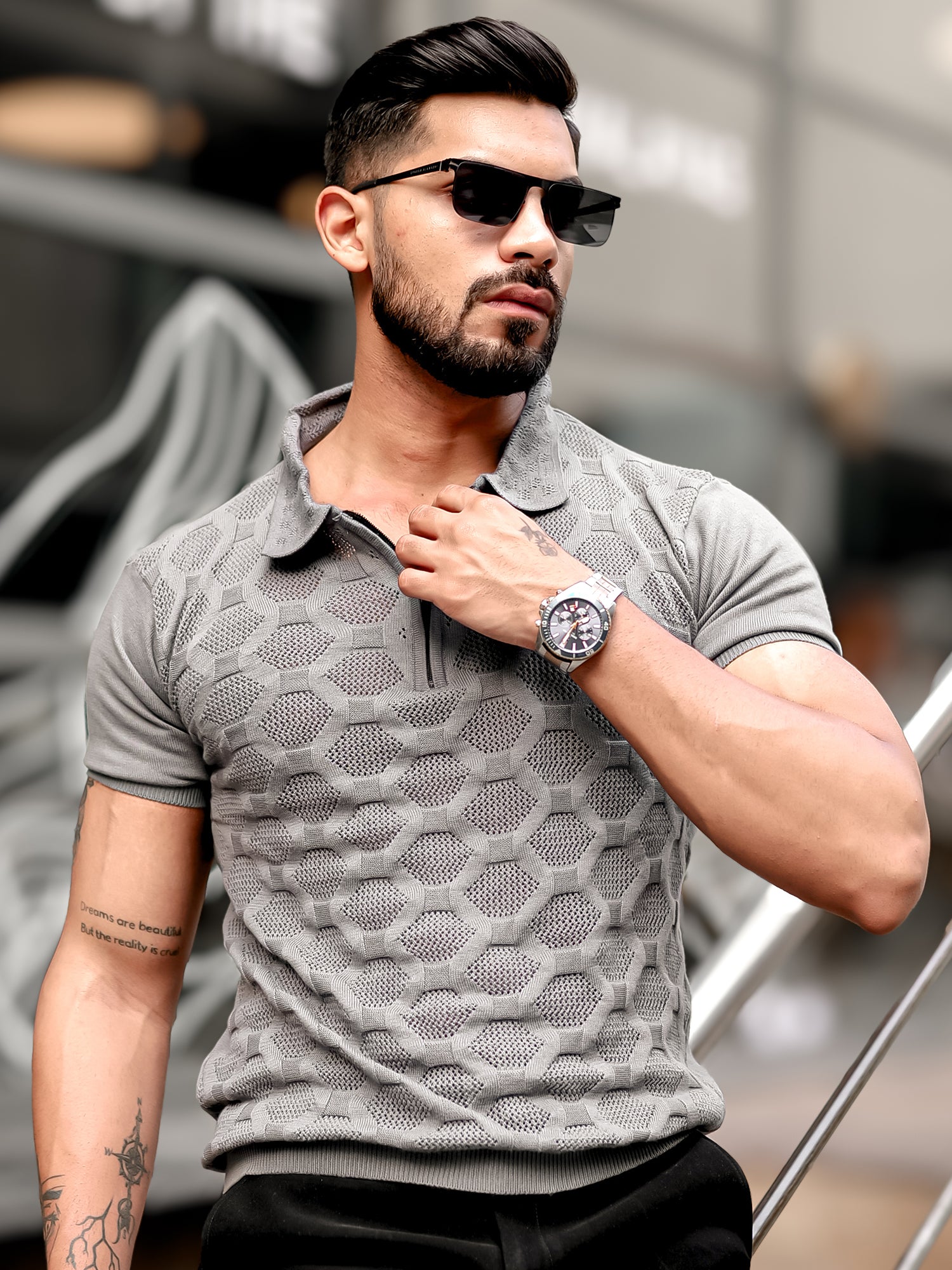 Diamond Knit Dark Grey Slim Polo T-Shirt