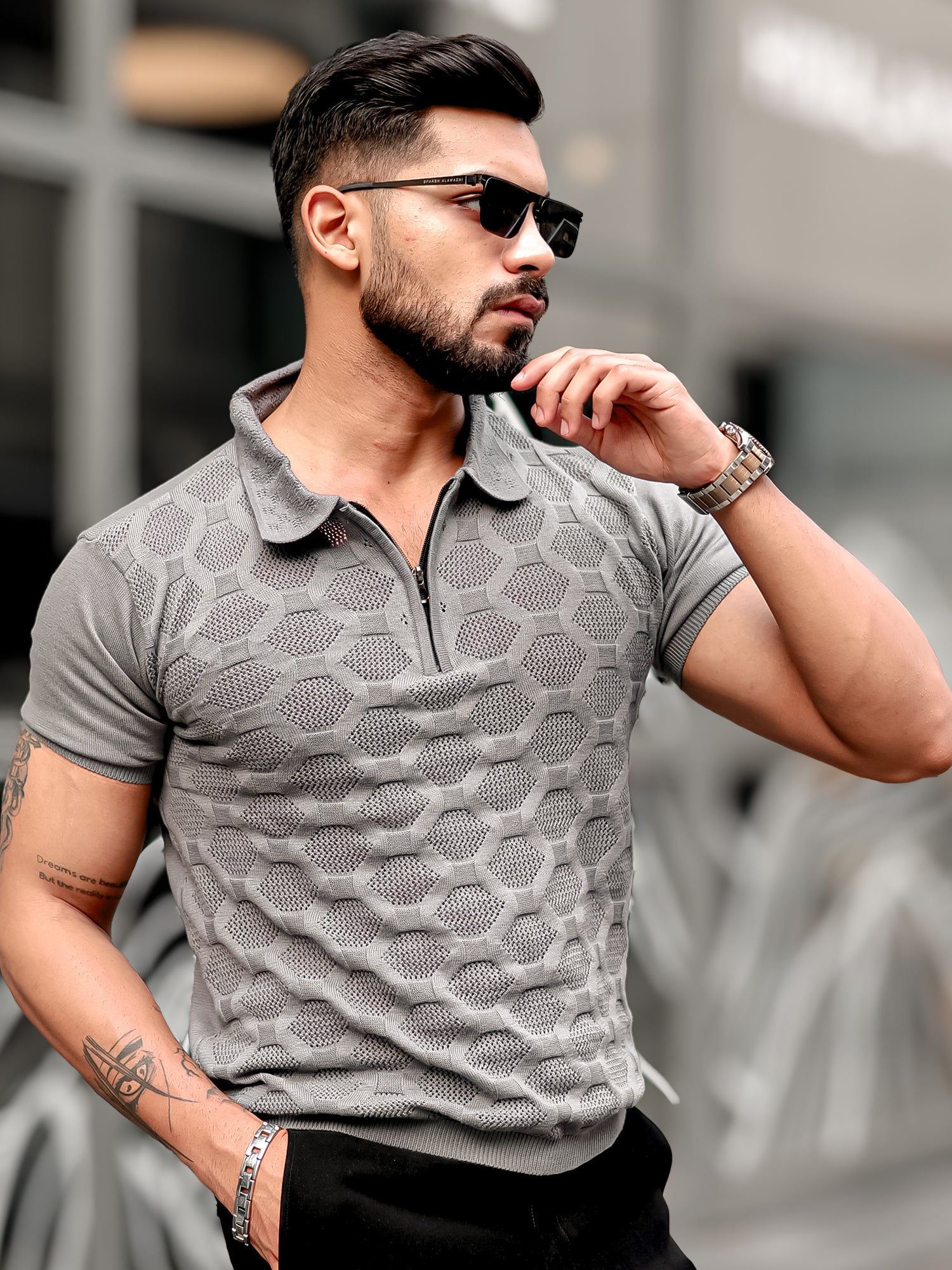 Diamond Knit Dark Grey Slim Polo T-Shirt