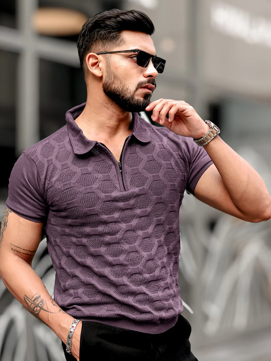 Diamond Knit Lavender Slim Half Sleeve Polo T-Shirt