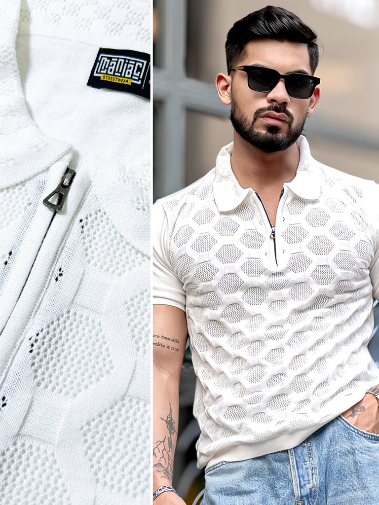 【mahagrid】23SS★ DIAMOND HALF KNIT POLO Diamond Knit White Slim Half Sleeve Polo T-Shirt