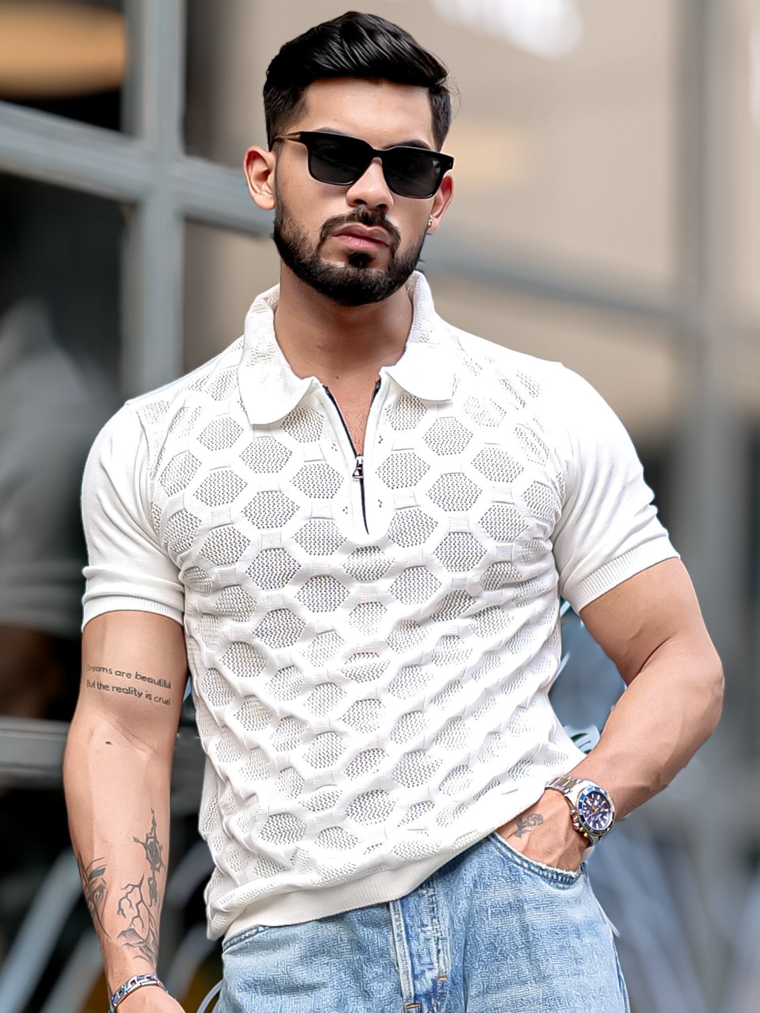 Diamond Knit White Slim T-Shirt