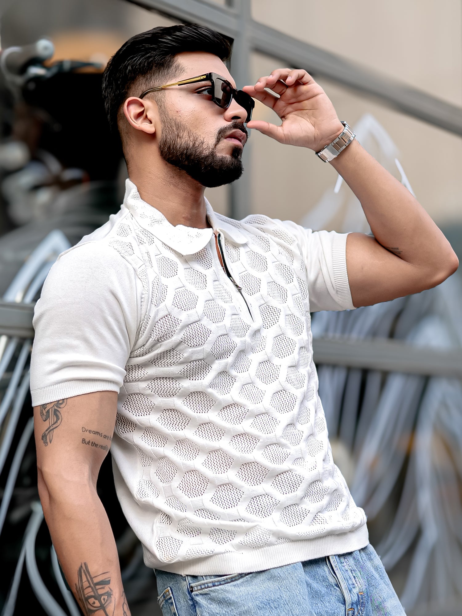 Diamond Knit White Slim Polo T-Shirt