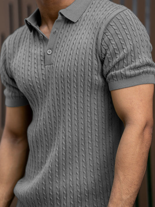 Ribbed Knit Grey Polo Half Sleeve T-Shirt