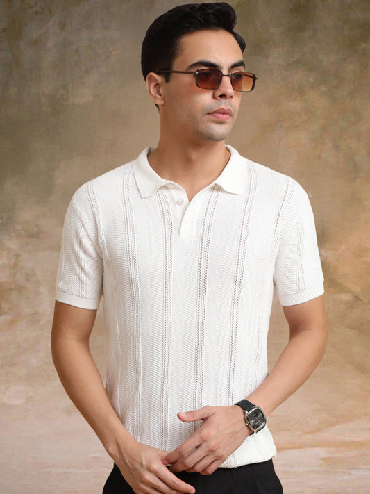 Bohemian Crochet White Half Sleeve T-Shirt