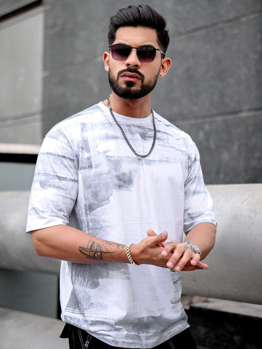 Spray Print White Half Sleeve T-Shirt