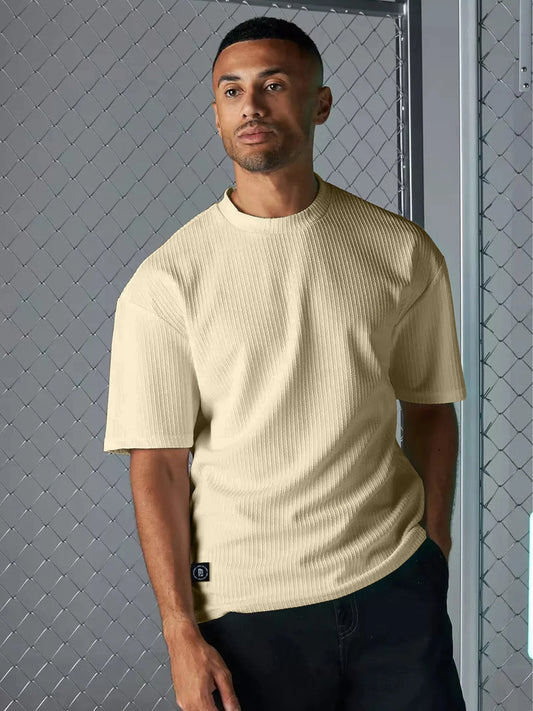 Seersucker Beige Half Sleeve T-Shirt
