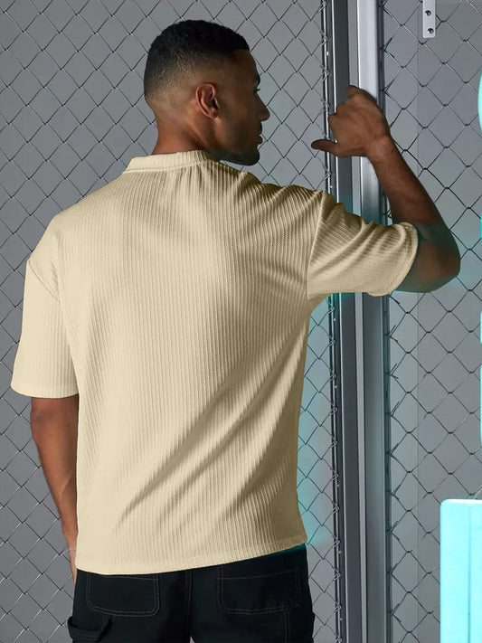 Seersucker Beige Half Sleeve T-Shirt
