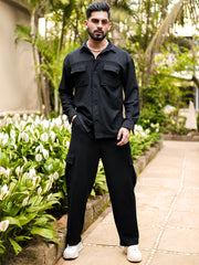 Cord Knit Textured Black Double Pocket Co-Ords