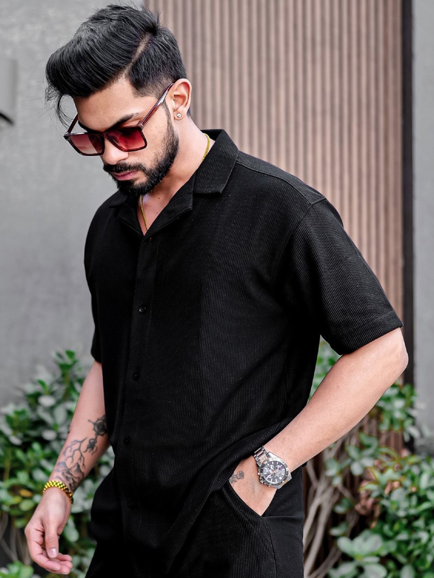 Cord Knit Textured Black Shirt